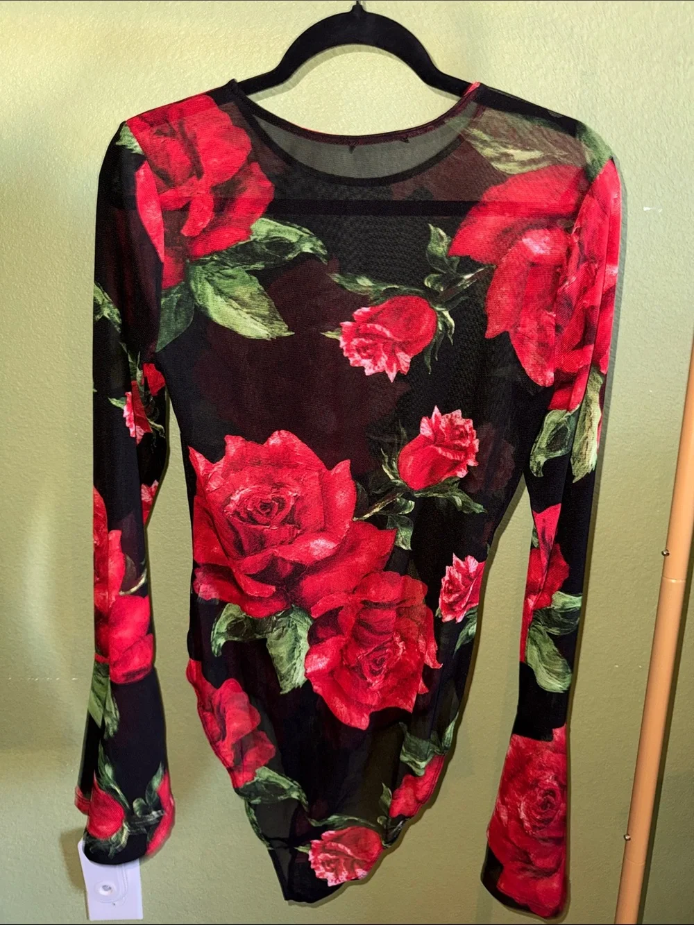 Sheer Black Top with Red Rose Print - Long Sleeve